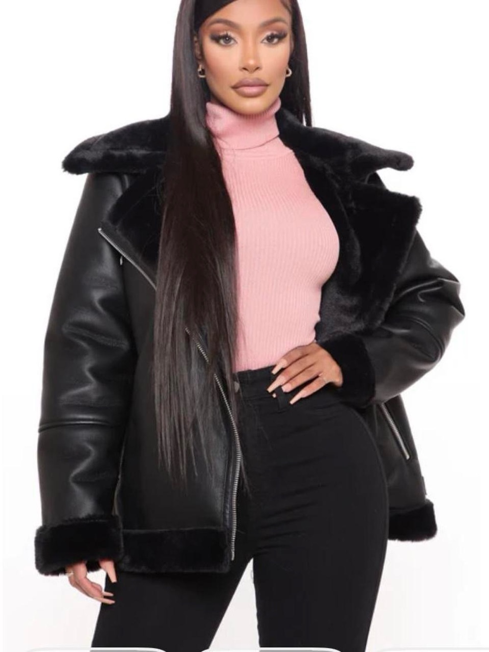 Fashion Nova Black Faux Leather Bomber Jacket with Shearling Trim